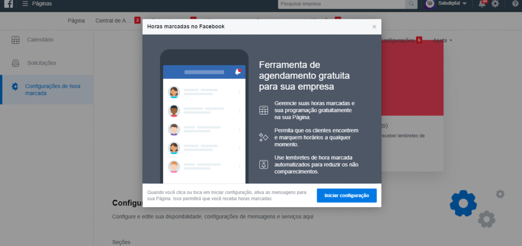 configuração agendamento de consulta no facebook